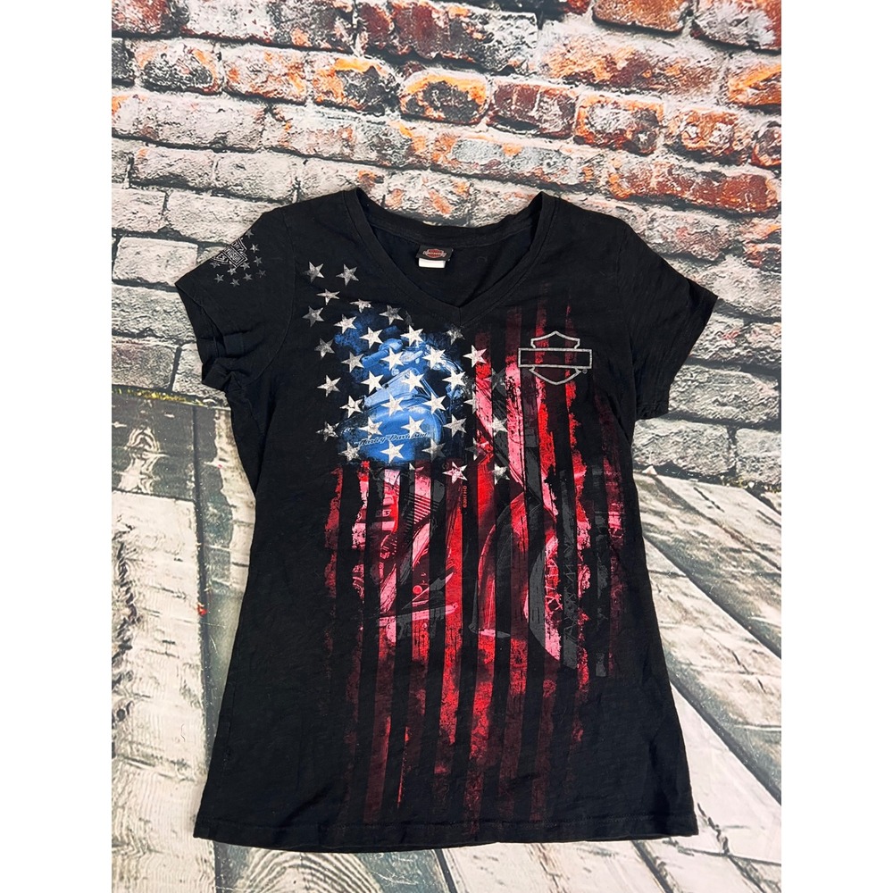 Harley-Davidson Big Sky Montana American Flag V-Neck Graphic Tee Black Medium